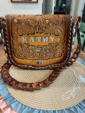 Women  s Brown Tooled Floral Shoulder Bag, Braided Strap, Turn Lock, Lined