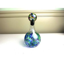 Vintage Hand Blown Art Glass Decanter Bottle Rainbow Stopper Blue Green Purple