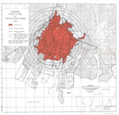 Hiroshima 1945 Vintage Atomic Bomb Blast Radius Map Photo Reprint Wall Art