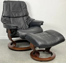 Ekornes Stressless Medium "RENO" Black Leather Swivel Recliner Chair & Ottoman
