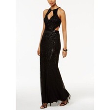 ADRIANNA PAPELL Black Beaded Sequin Embellished Keyhole Cutout Maxi Gown Dress 0