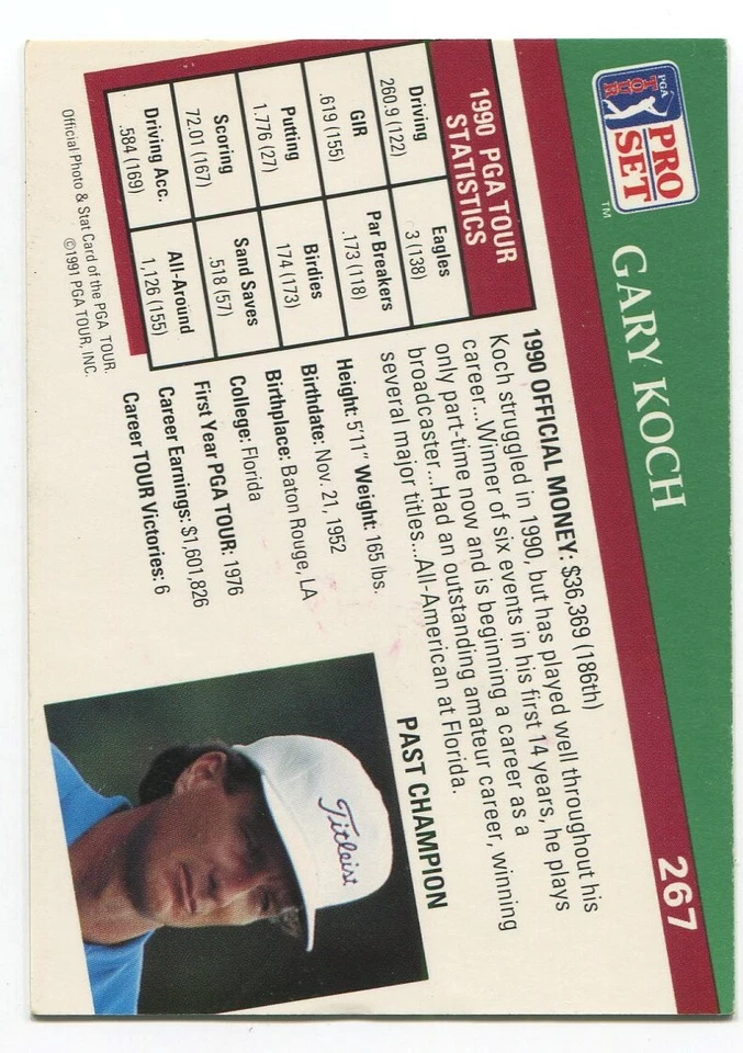 1991 Pro Set PGA Gary Koch Signed Card Autographed #267 - Image 2 of 2