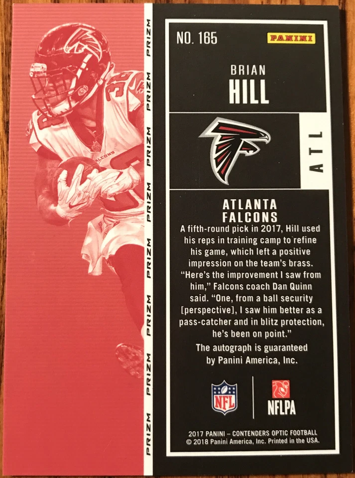 2017 Panini Contenders Optic Rookie Autograph Brian Hill #165 Atlanta Falcons - Image 2 of 2