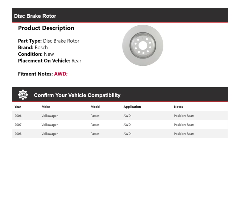 Rotor de freno de disco trasero para Volkswagen Passat 2006-2008 AWD Bosch QuietCast 2007 Foto 2 de 4