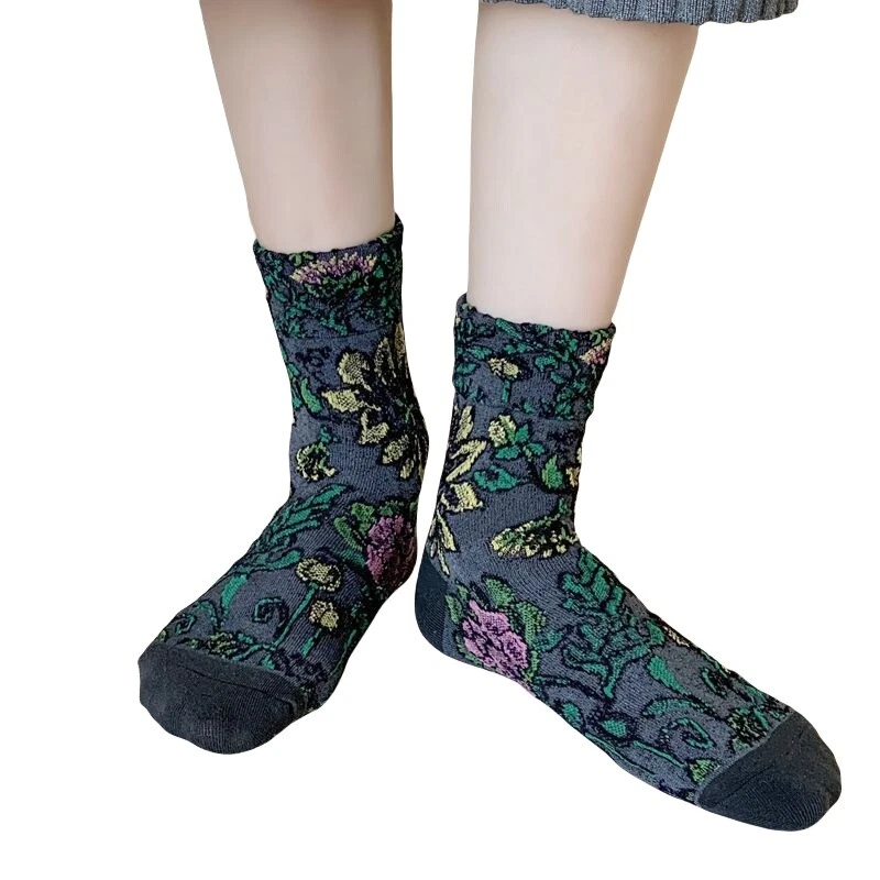 5 Pairs Women Cotton Floral Mid Calf Socks Stretch Sports Flower Crew Socks - Image 3 of 3