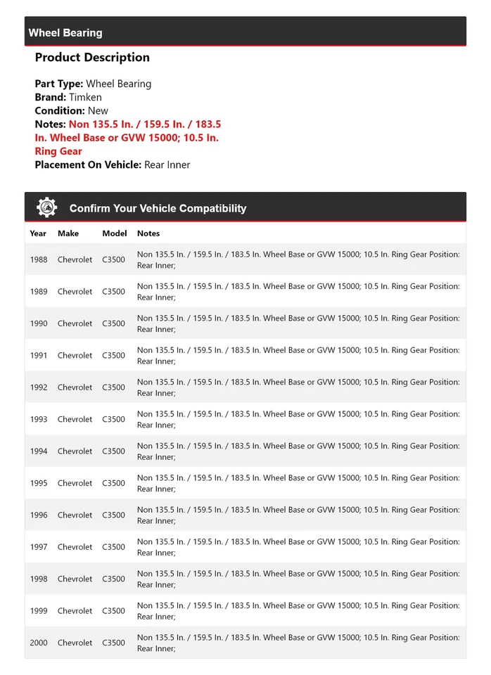 Cojinete de rueda interior trasero Timken 1989 1990 1991 para Chevrolet C3500 1988-2000 Foto 2 de 4