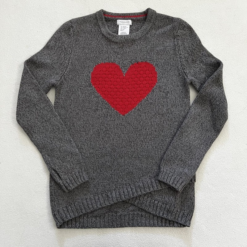 Tahari Girls Red Heart Cotton Blend Long Sleeve Gray Knit Sweater Top M 7-8