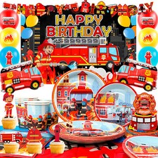 70 Pcs Firefighter Birthday Party Decoratio Tableware Kit Foil Balloons Backdrop