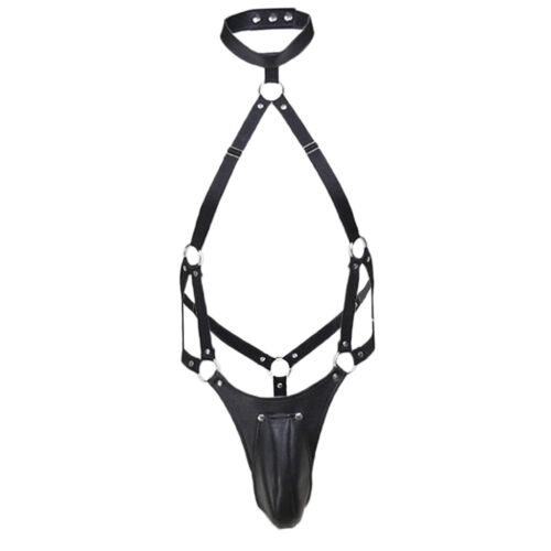 Male Leather Harness Belt Mankini T-back Costume Clubwear Bodysuit Pouch