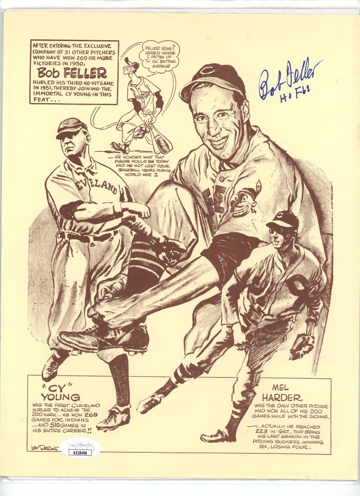 Bob Feller Autographed Signed 8x10 Comic Print Indians HOF Inscription JSA COA 