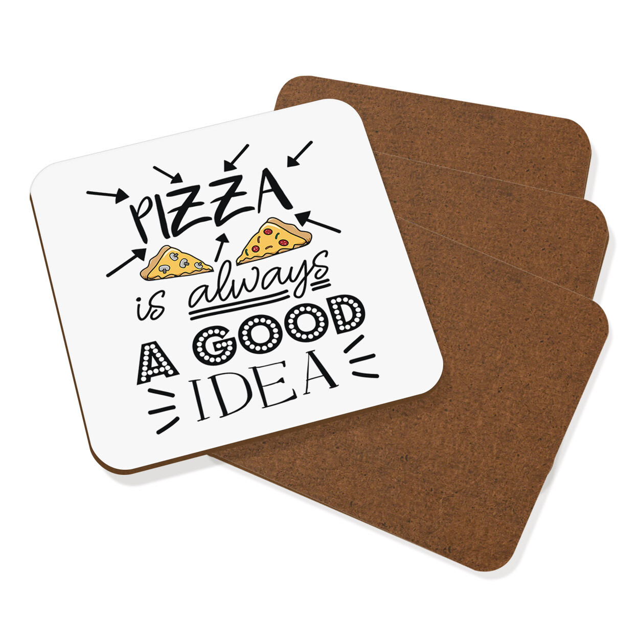 Pizza ist immer eine gute Idee Untersetzer Getränke Matte 4er Set Essen Lustig Peppeoni Witz