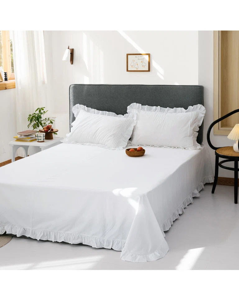 Encantadora sábana blanca 100 % algodón de encaje con volantes anchos de una pieza nueva Foto 2 de 4