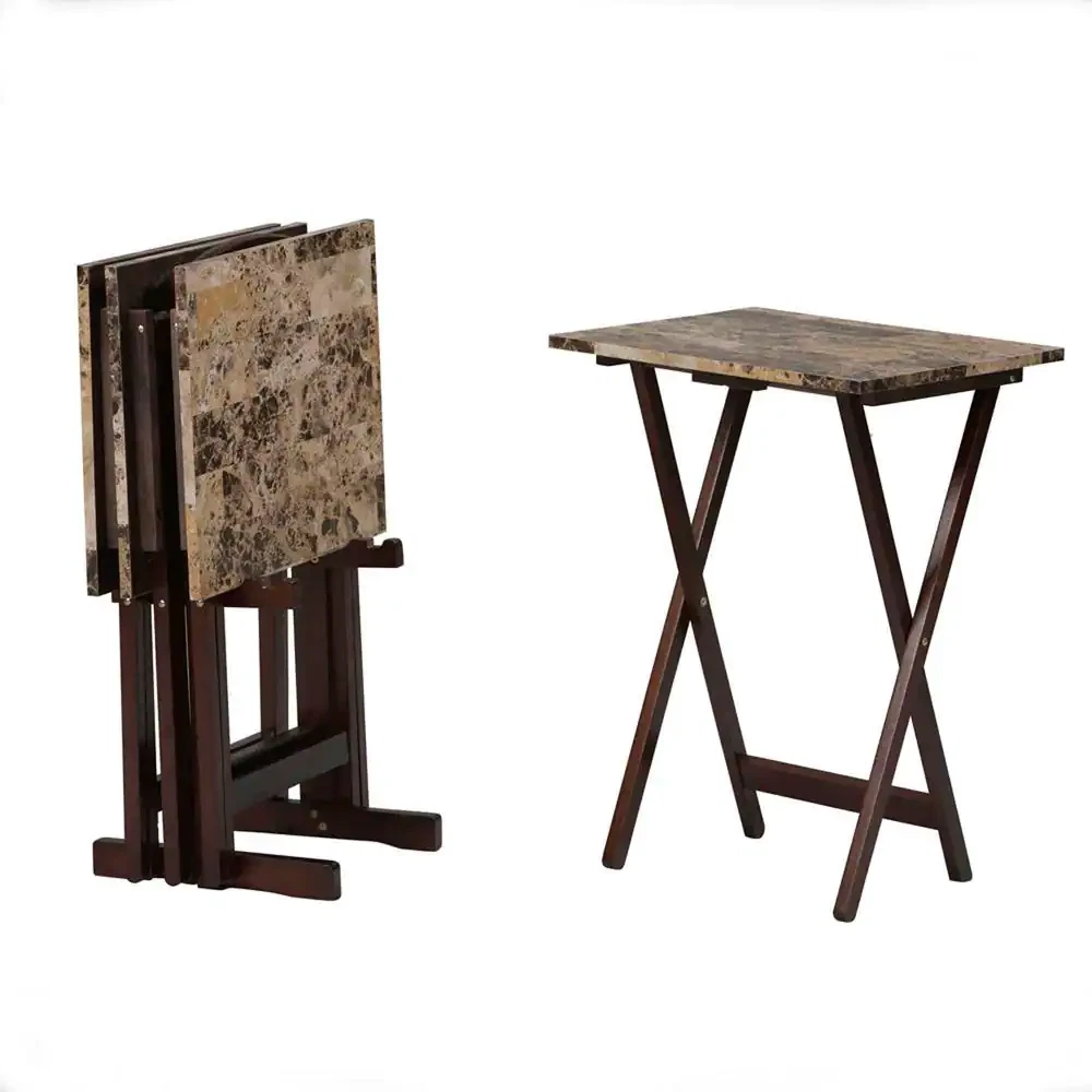 TV Dinner Tray Set Of 4 Faux Marble With Stand Wood Folding Living