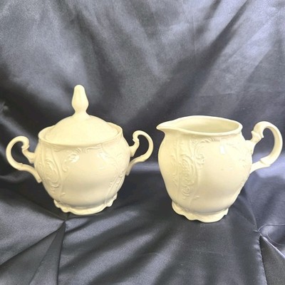 Vintage Bernadotte Czechoslovakia White Embossed Porcelain Creamer & Sugar Set
