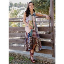 Young Threads Boho Patchwork Sleeveless Long Hoodie Duster Latte Large PTP 21
