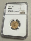 1929 $2.50 INDIAN HEAD GOLD QUARTER EAGLE 90% GOLD US COIN NGC GRADED MS 63