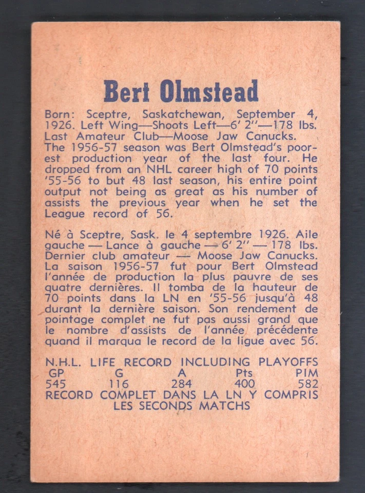 1957-58 Parkhurst Hockey #19 Bert Olmstead NrMt-Mint - Image 2 of 2