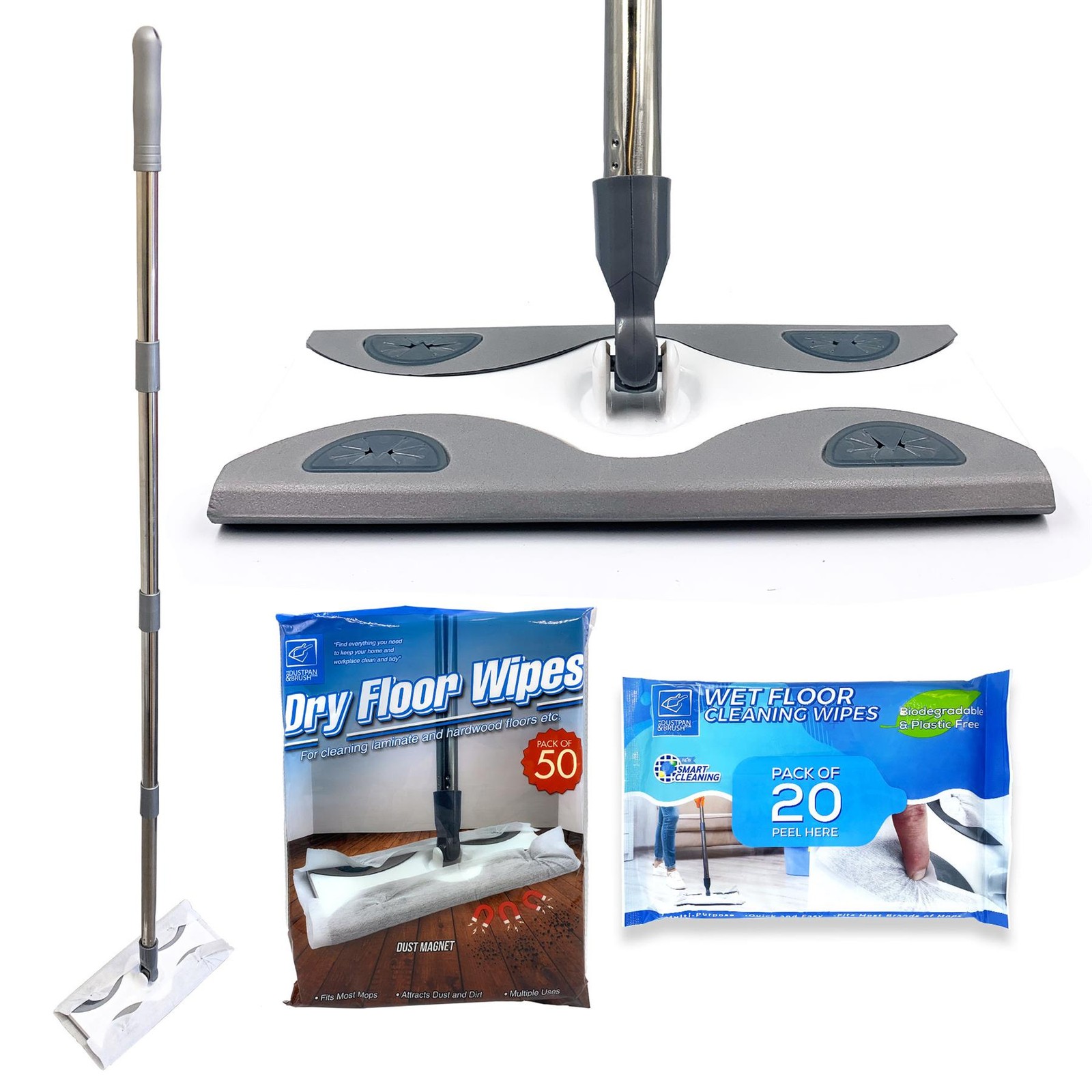 Floor Mop Starter Kit Flat Mop 80 Wipes Dry Wet Cleaning Set Handle