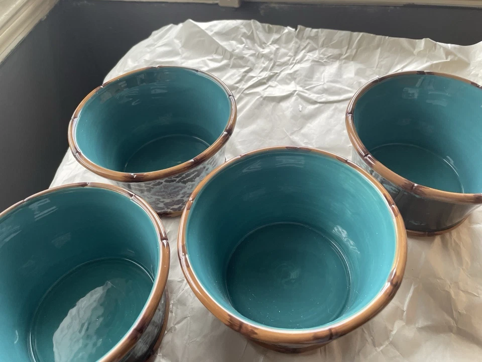 Juego de 4 cuencos de cerámica interior azul diseño estampado negro Foto 4 de 4