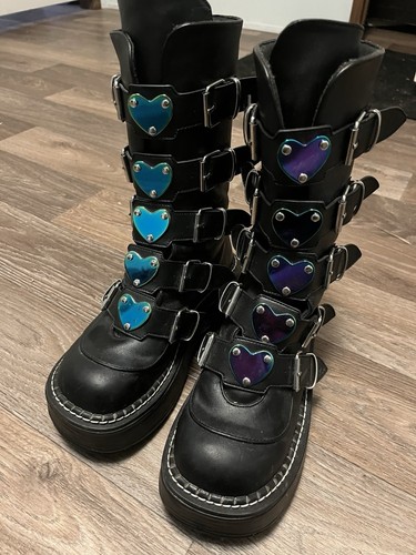 Demonia Emily 330 Holo Platform Boots With Heart Buckle Size 8