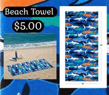 NEW Beach Towel Shark Print Kids Boy Girl Blue Orange Pool 28x60 Soft Quick Dry
