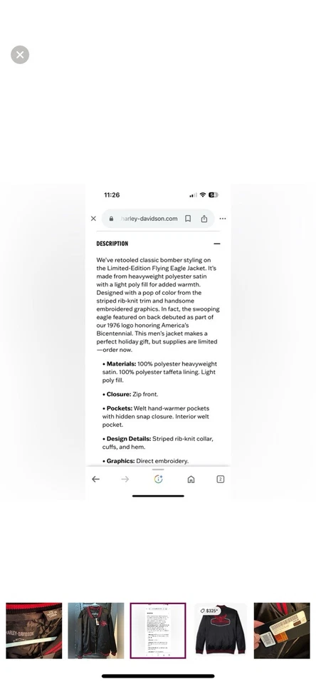 Chaqueta de bombardero Harley Davidson Eagle talla 2x nueva con etiquetas Foto 4 de 4