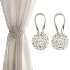 Elegant Magnetic Curtain Tiebacks, 2 Pack Crystal Flower Holdbacks, White
