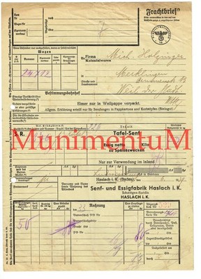 Consignment note mustard & vinegar factory Haslach Ludwigsburg Merklingen Weil/Rhine 1939