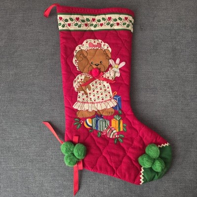 Vintage Teddy Bear Christmas Stocking Quilt Knit Pom Pom Cottagecore Retro Decor