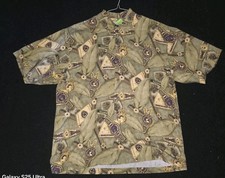 Tommy Bahama 100 Silk Men's L Camp Shirt Cigar Print Green Short Sleeve