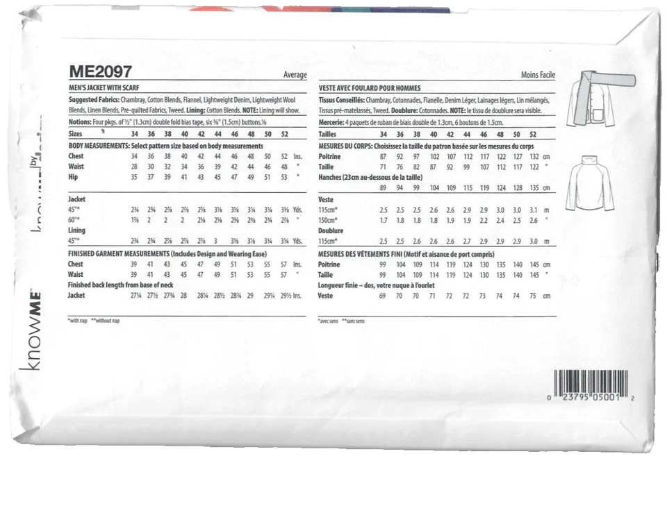 McCall's know ME Sewing Pattern ME2097 Men's Jacket w/Scarf by: Mimi G. 34-42 - Image 2 of 4