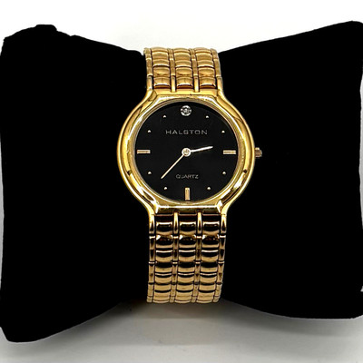 Halston 236-VX50 Men s Gold-Tone Quartz Watch Black Dial Stainless Steel Back