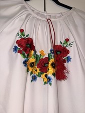 Ukrainian Embroidered Vyshyvanka Dress White Floral Folk Midi Tassel Sleeve 52