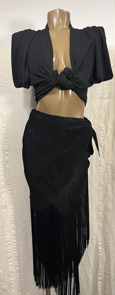 Falda envolvente de cuero gamuza negra Karen Okada vintage años 80 flecos Western Boho XS Foto 2 de 4