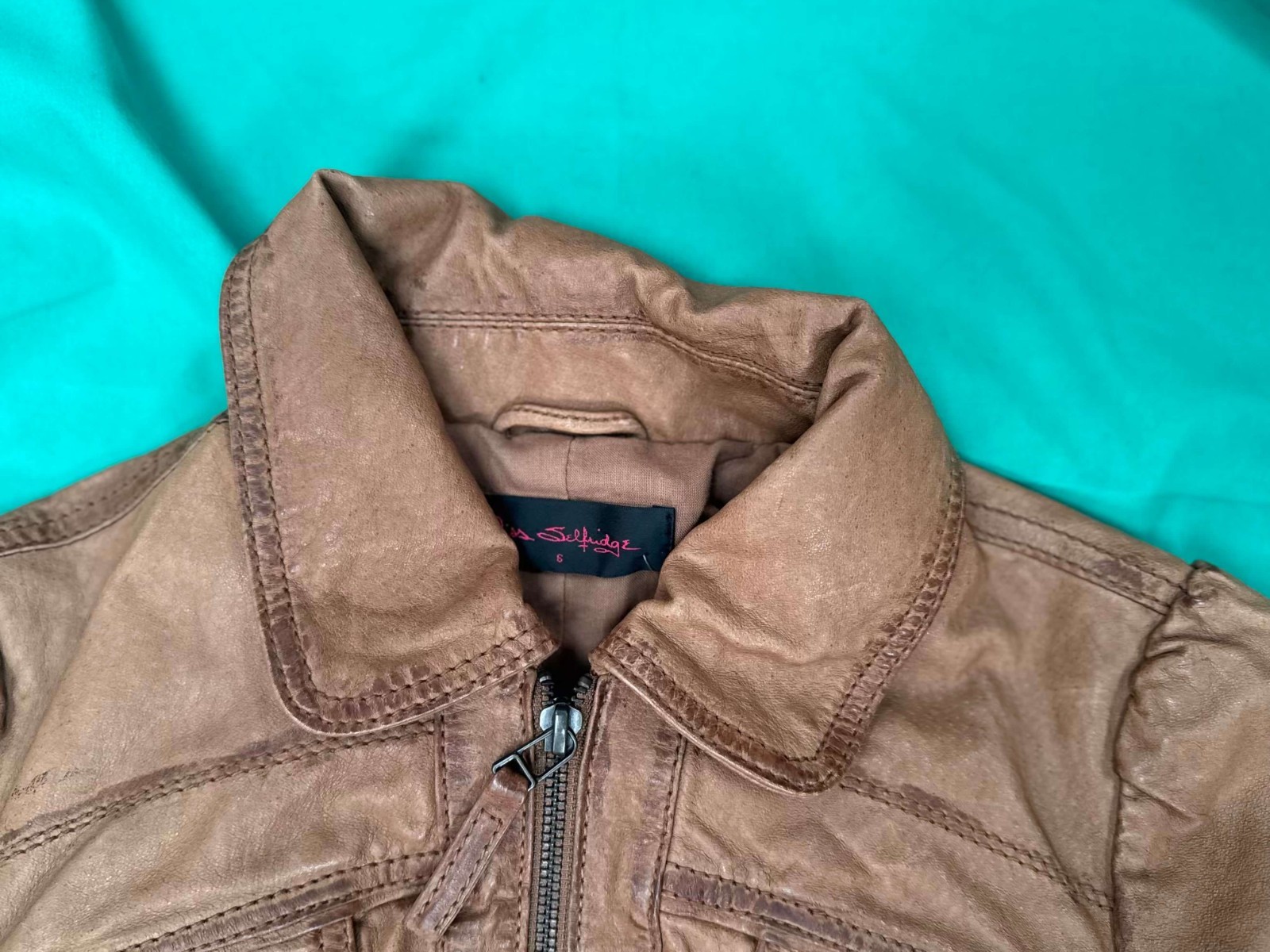 Miss Selfridge Tan Leather Jacket Size 6 Women’s Cropped Fitted Biker Style image 5