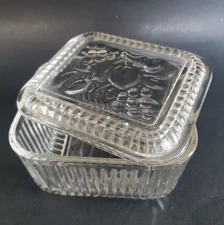 Depression Era Federal Glass Ribbed Refrigerator Dish Embossed Fruit 5"x4.5" Vtg
