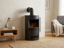 BLACK ELECTRIC CYLINDER STOVE FIRE MODERN HEATER LED LOG EFFECT FREESTANDING