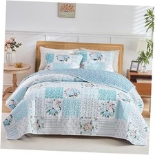 3 Pieces Floral Patchwork Quilt Set King n White Flowers King-102"x90" Blue