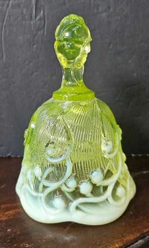 Vtg Fenton Glass Bell Vaseline Opalescent Lily Of Valley Pattern Glows