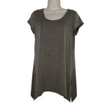 Ab Studio Gray Short Sleeve Scoop Neck Tunic Top Women Size S Side Slit  