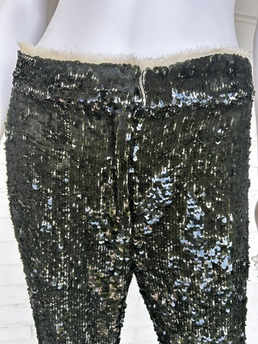 ZARA ZW Collection Sequin Trousers Pants Green Frayed Ivory Trim Size Small NEW - 第 5/9 張圖片