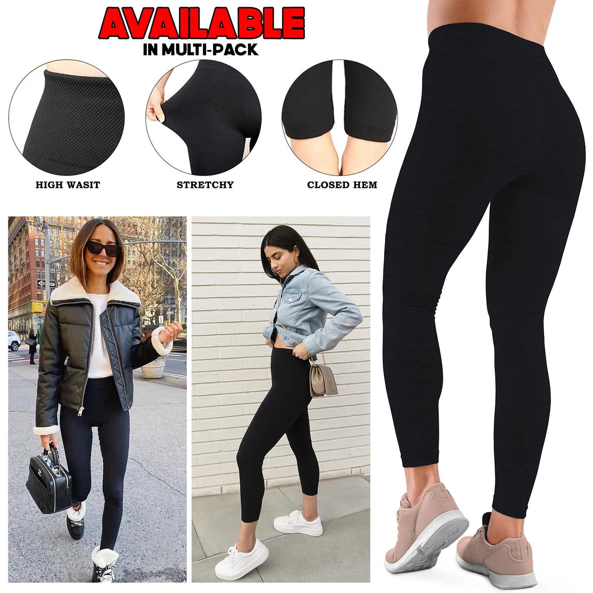 Womens Leggings Ladies LINED Black Tummy Control High Waist Size NEW Plain  LOT