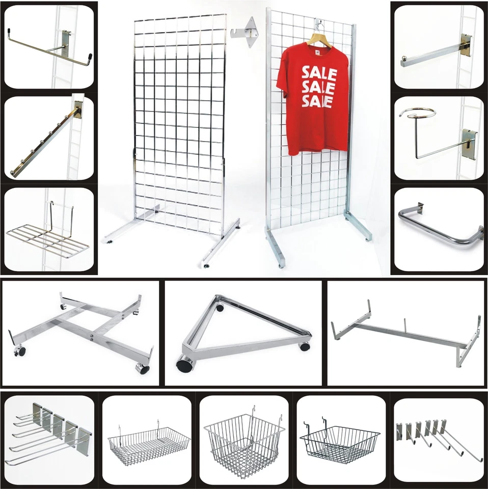 SHOPFITTINGS BAG GRIDWALL PANEL GRID MESH HOOKS PRONGS CHROME ACCESSORIES SHOP DISPLAY STAND