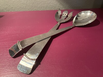 MCM Beaded Salad Serving Fork & Spoon Silverplate Hostess Set Three Crowns