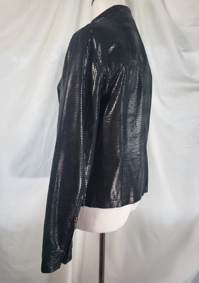 Chaqueta Blazer Estilo Moto Rafaella Negra Estampado Piel Serpiente Cuero Cremallera Talla 10  Foto 4 de 4
