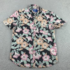 Chubbies Shirt Mens Medium Black Pink Floral All Over Nylon Stretch Short Sleeve