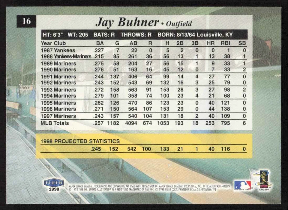 1998 Sports Illustrated Jay Buhner #16 Seattle Mariners - Image 2 of 2