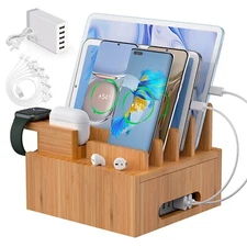 6in1 Bamboo Charging Station Holder Charger Stand Dock for Phone Tablet Watch