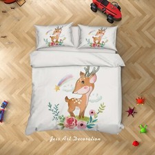 3D Deer Floral Cartoon Kids Quilt Cover Set Duvet Cover Bedding Pillowcases