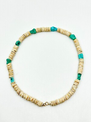 14K Gold Turquoise Shell Rough Heishi Southwest Native American Necklace Vintage